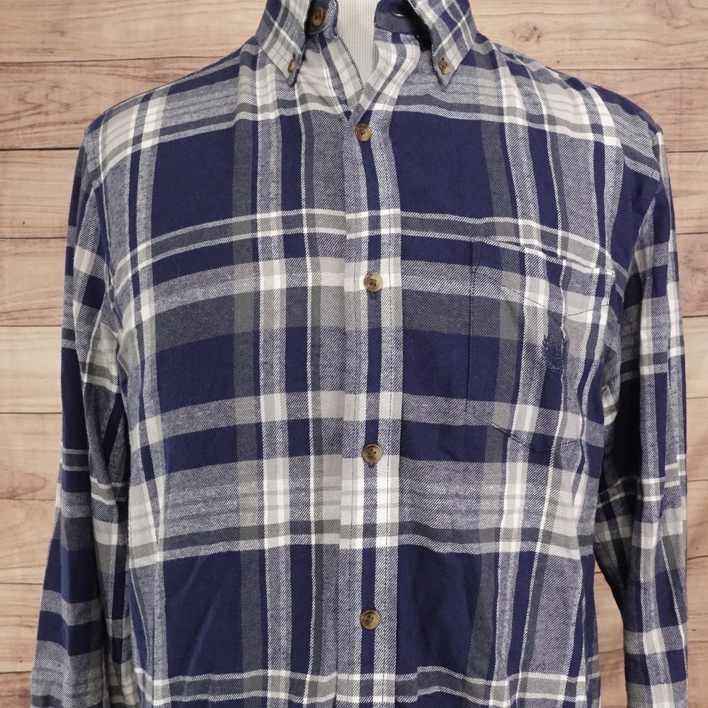 Chaps Shirt Mens L Blue Gray Plaid Long Sleeve Button-Up Flannel Cotton Pocket